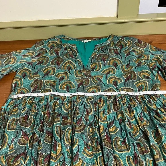 Sundance Feather Print Teal Dress, Tiered, with Pockets, lined XL - Picture 10 of 10